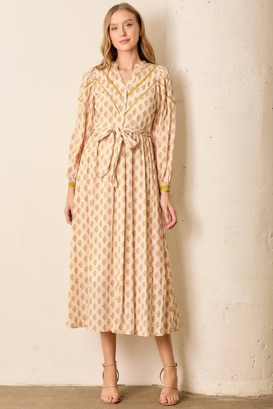V Neck Button Down Mustard Pink Midi Dress