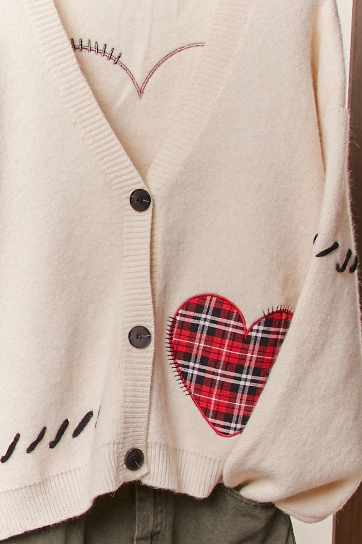 Stitch Heart Accent V Neck Knit Cardigan