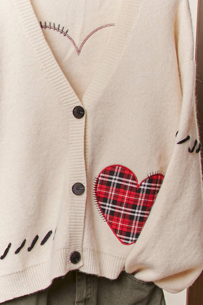 Stitch Heart Accent V Neck Knit Cardigan