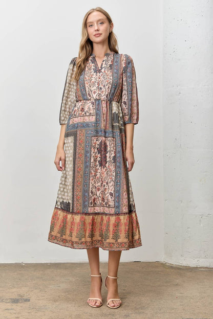 Bohemian Patchwork Print Midi Dress