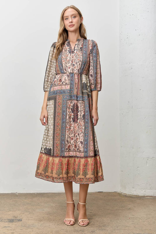 Bohemian Patchwork Print Midi Dress