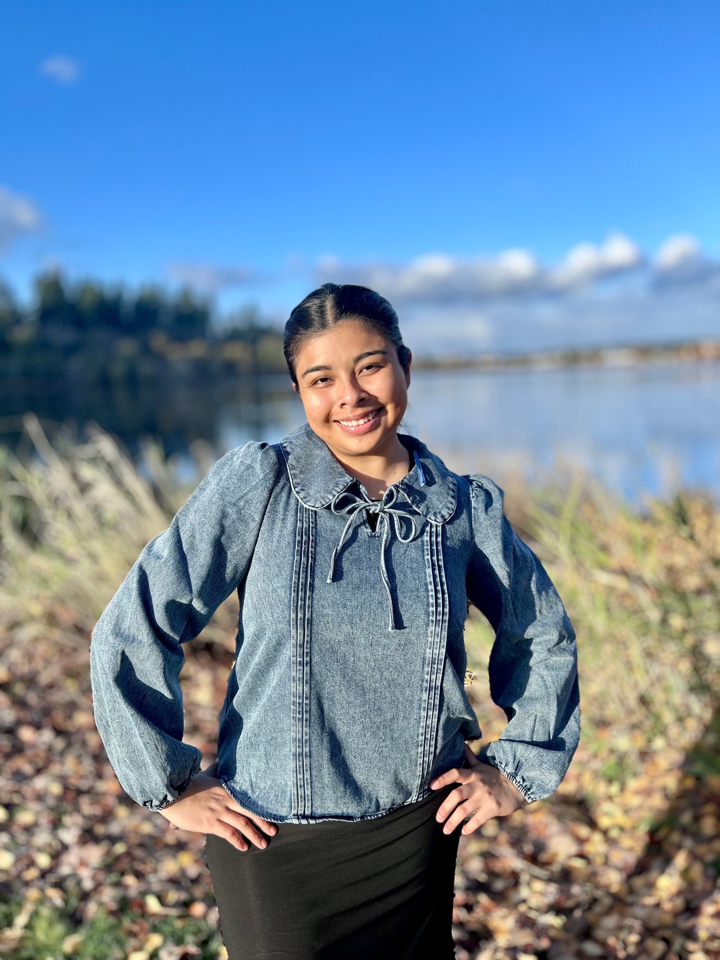Mineral Washed Chambray Denim Blouse Top