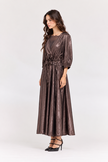 ESPRESSO BROWN TIE FRONT PLEAT WAIST SHINE DRESS