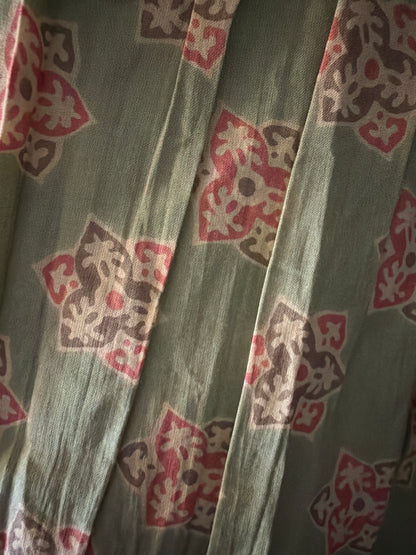 Sage-Green Pink Floral Printed Sleeve Gathered Dress