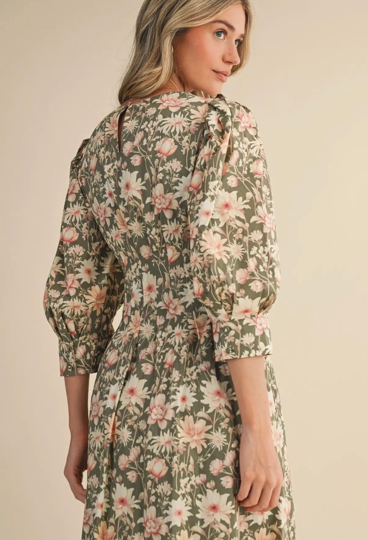 Olive Green Floral Pleated Midi Dress