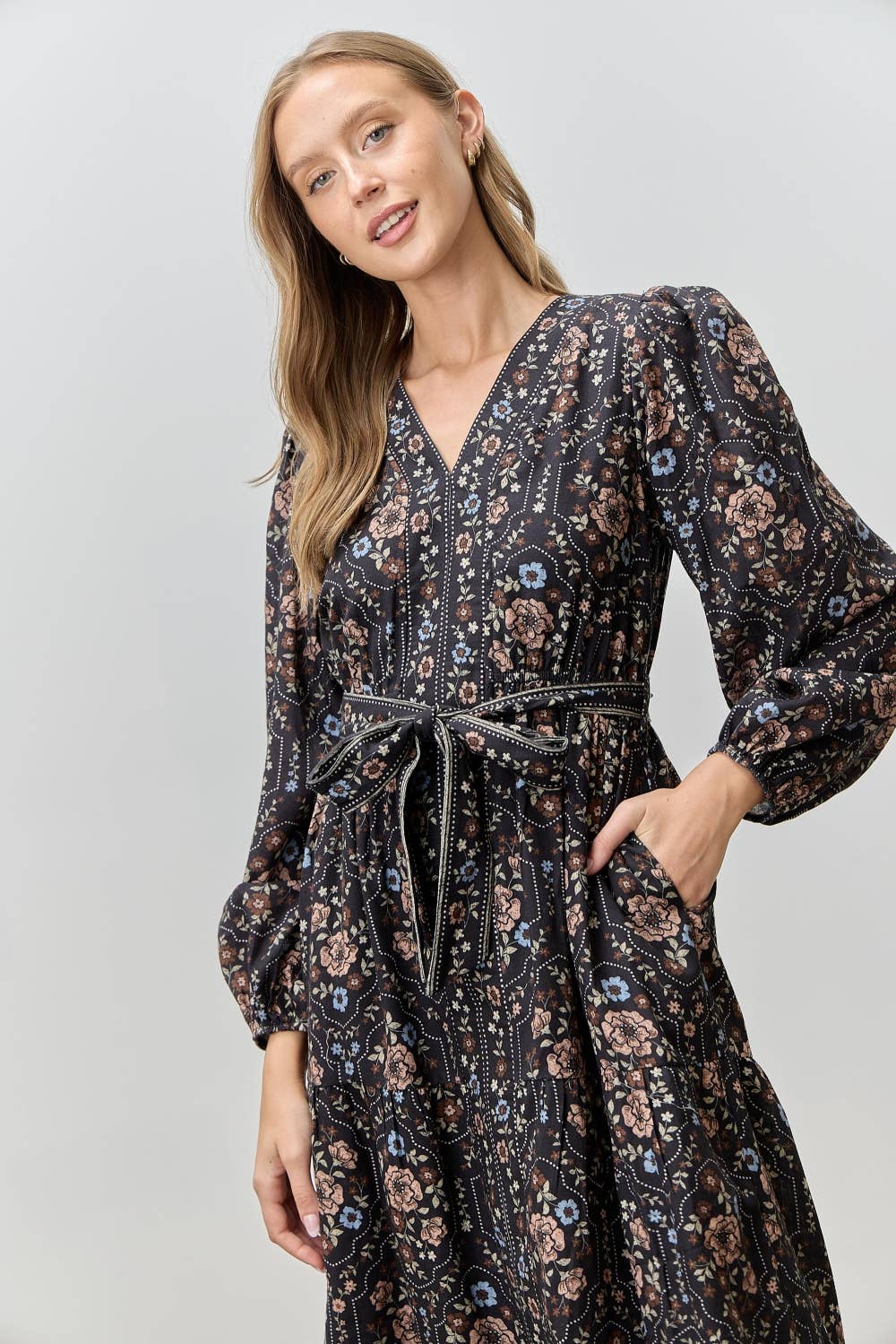 PRINTED FLORAL V-NECK MIDI DRESS