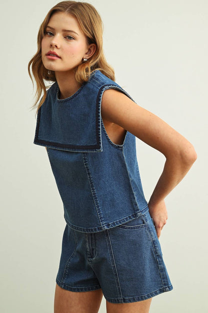 Sailor Big Collar Stretch Denim Top - PRE ORDER