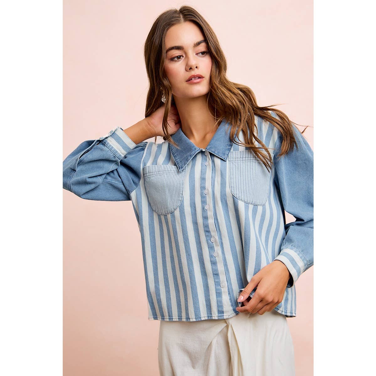 WASHED MULTI STRIPED DENIM BUTTONED SHACKET TOP