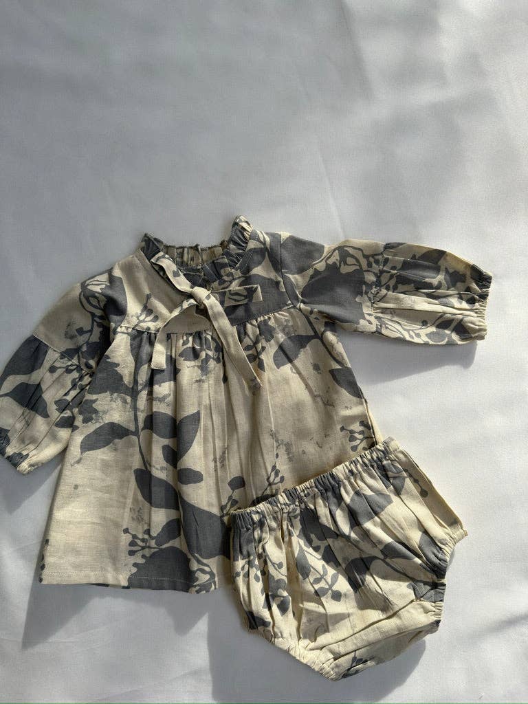 Grey Leaf Printed Gathered Long Sleeve Dress