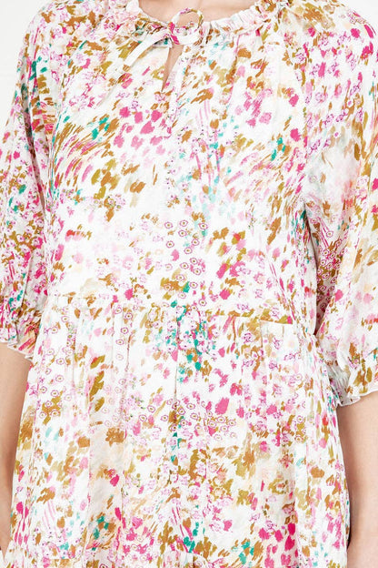 TIERED BOHO FLORAL MIDI DRESS 3/4 SLEEVES DETAIL RUFFLED NECK