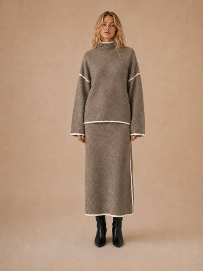 Contrast Piping Trim Sweater Skirt Knit Set