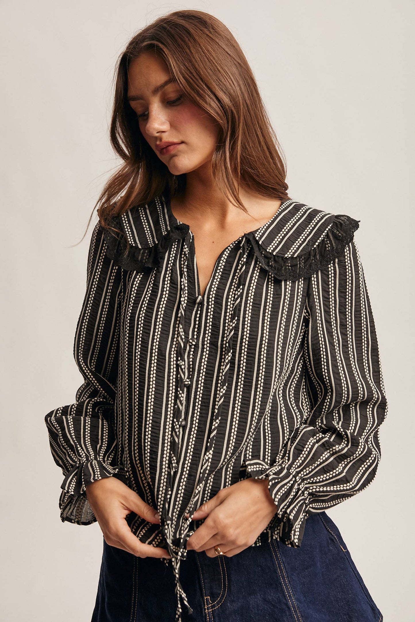 Embroidered Collar Textured Peter Pan Blouse