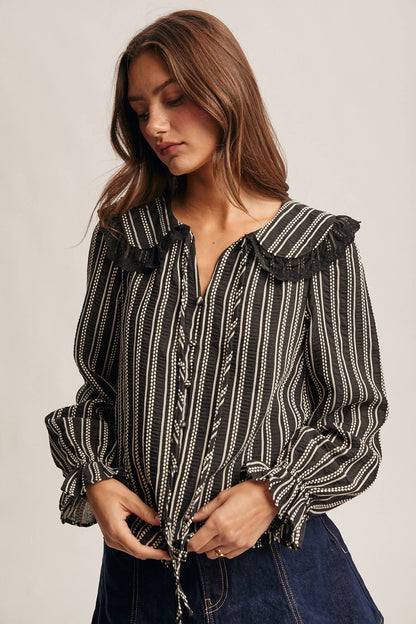 Embroidered Collar Textured Peter Pan Blouse