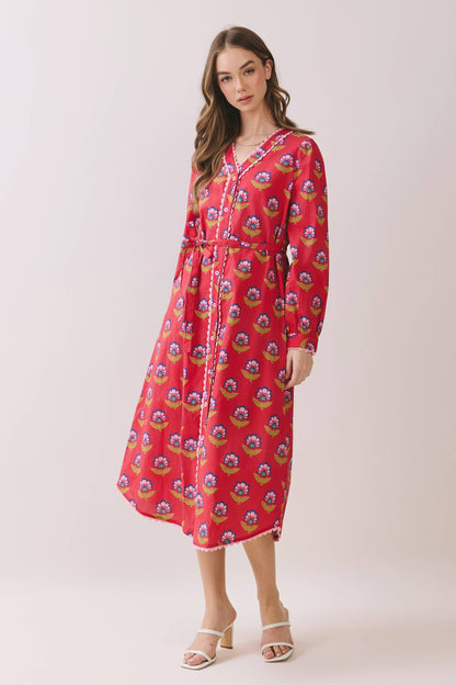 Scalloped Long Sleeve Button Down Midi Dress