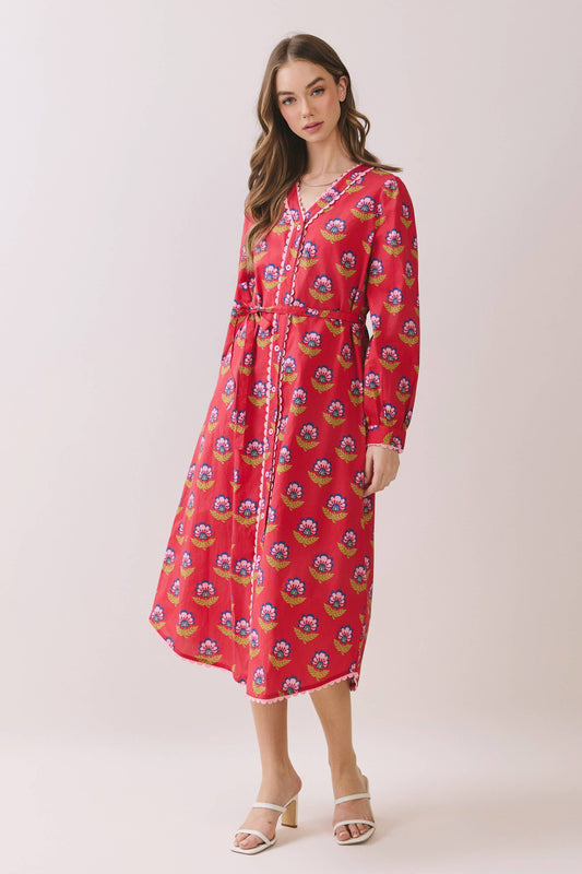Scallop Ric Rac Pink Floral Long Sleeve Button Down Midi Dress