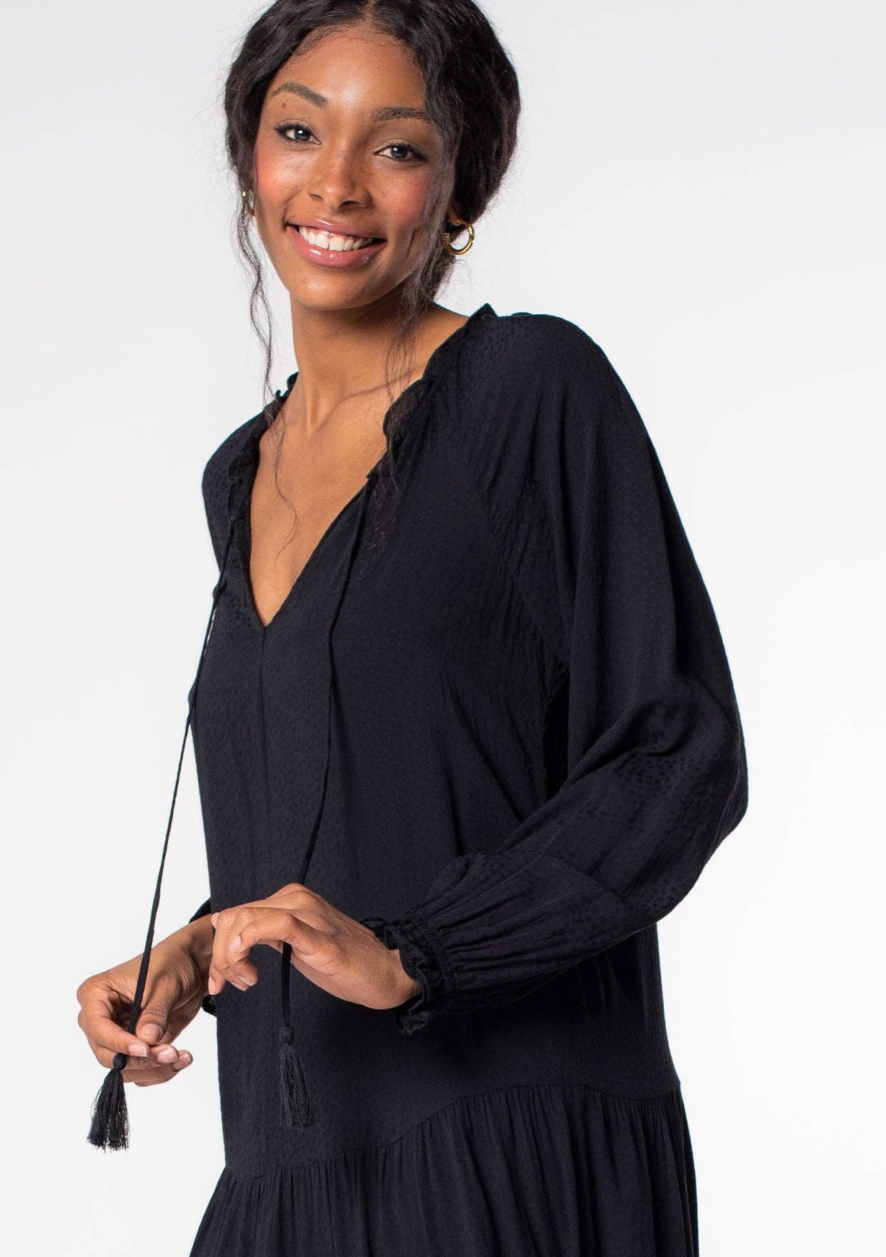 Bohemian Solid Tiered Long Sleeve Midi Dress