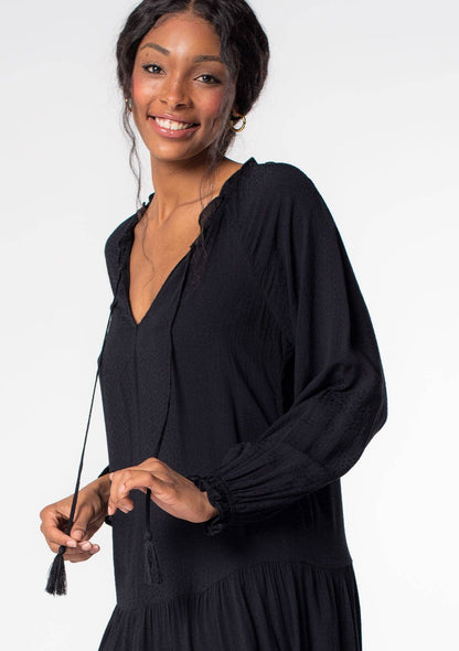 Bohemian Solid Tiered Long Sleeve Midi Dress