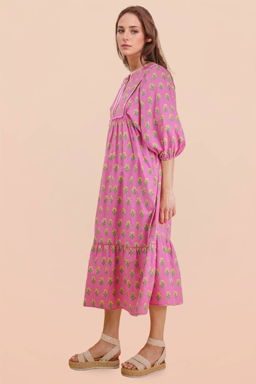 Printed Half Sleeve Midi Dress Pink Blue