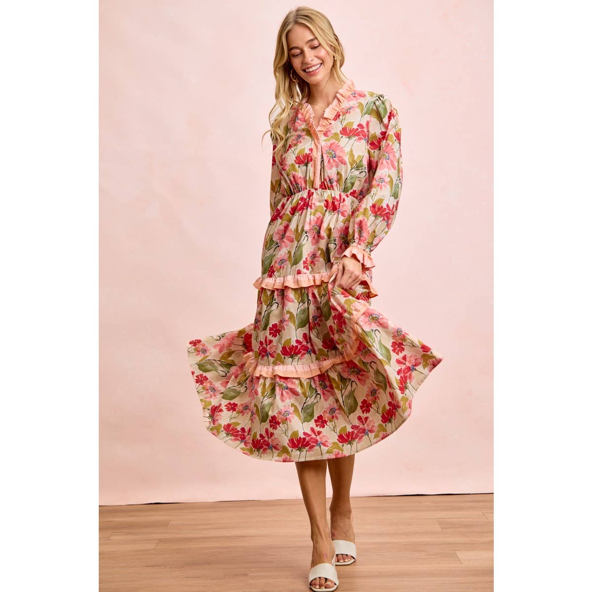 FLORAL PRINT MIDI DRESS WITH RUFFLE SCALLOP EDGE DETAILS