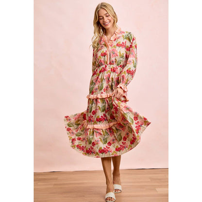 FLORAL PRINT MIDI DRESS WITH RUFFLE SCALLOP EDGE DETAILS