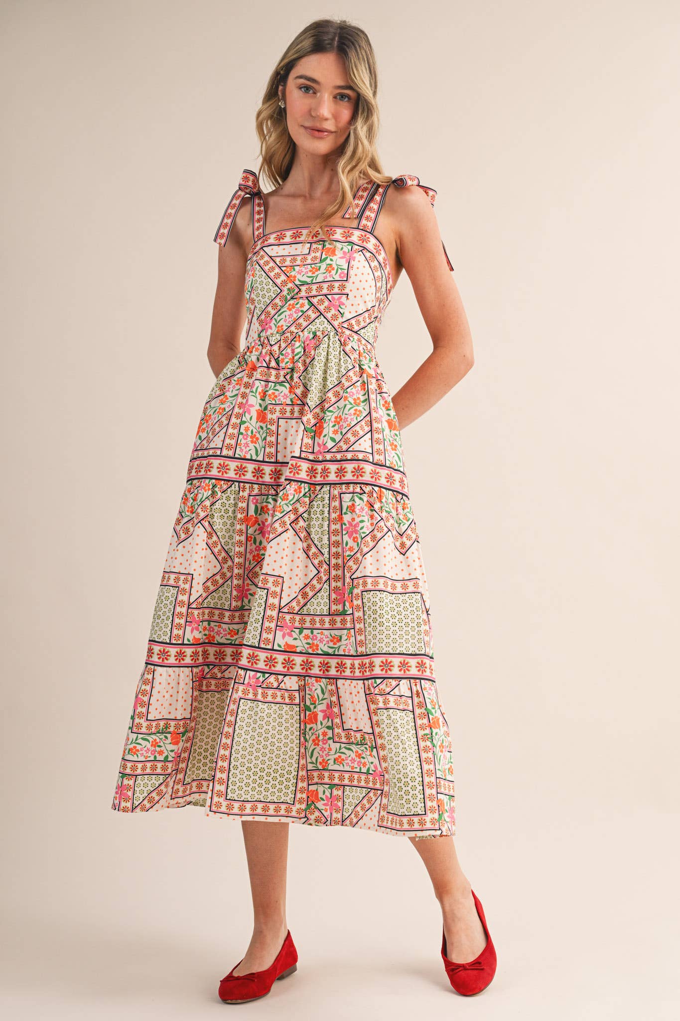 FLORAL PATCHWORK TIE STRAP SHOULDER MIDI DRESS PINK
