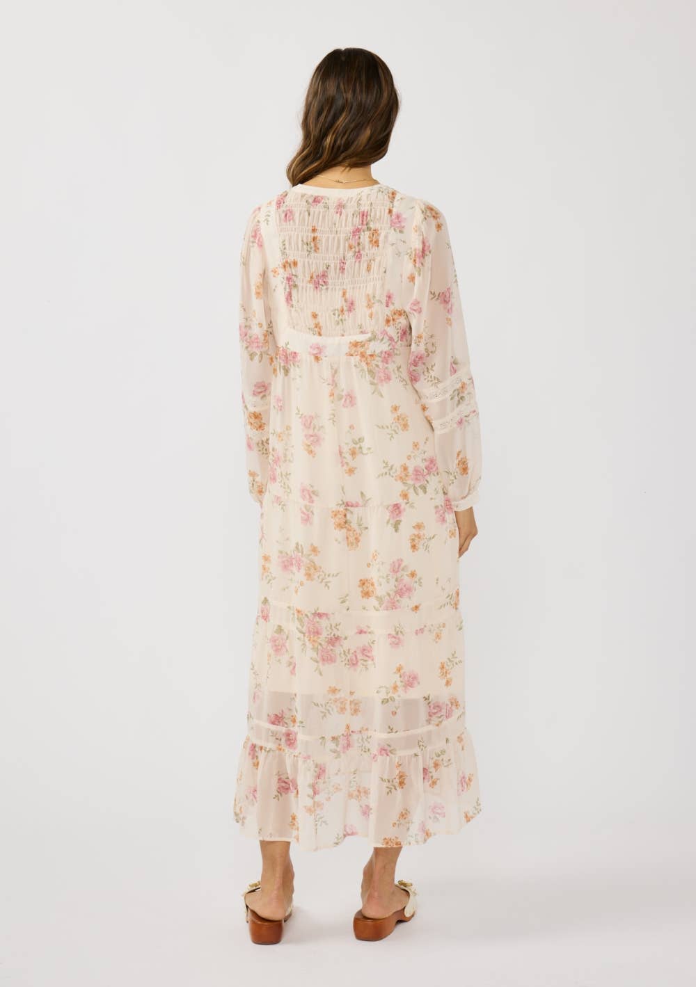Pink Floral Lace Front Flowy Midi Dress