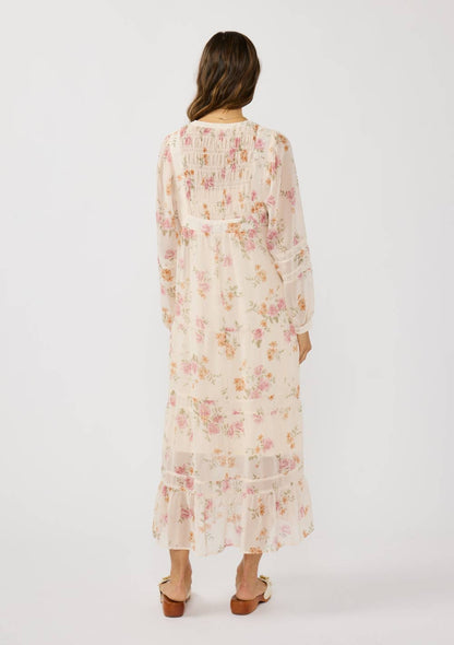 Pink Floral Lace Front Flowy Midi Dress