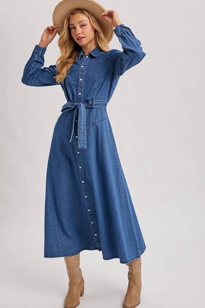 DENIM BUTTON DOWN BELTED SHIRT A-LINE MAXI DRESS