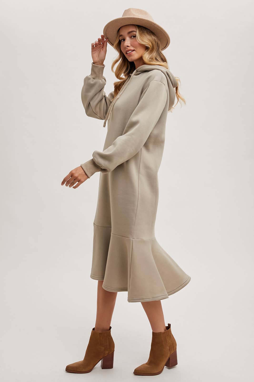 FLOUNCE HEM HOODIE SWEATSHIRT MIDI DRESS