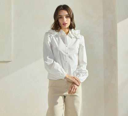 Floral Applique Off White Collared Blouse Top