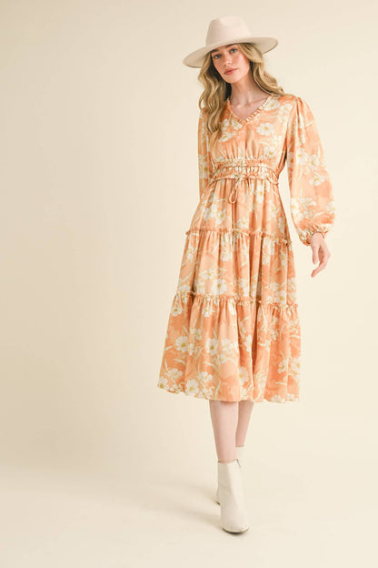 EXCLUSIVE PRINT RUFFLE TRIM FLORAL MIDI DRESS Silver Champagne