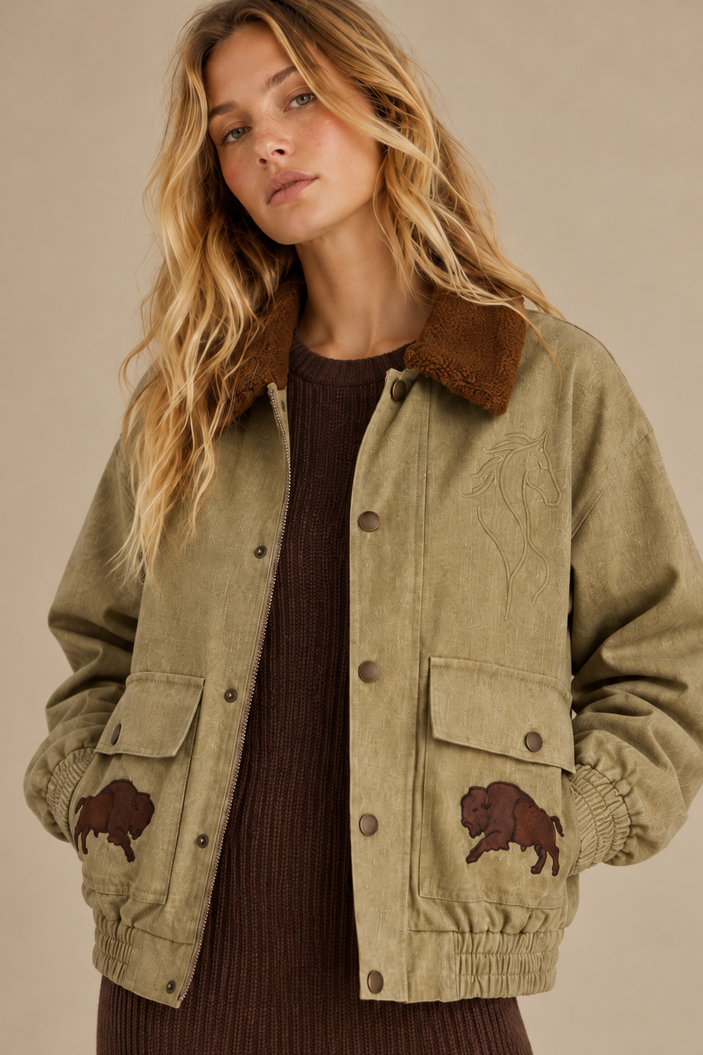 The Outlaw Bronco Sherpa-Collar Olive Green Denim Jacket