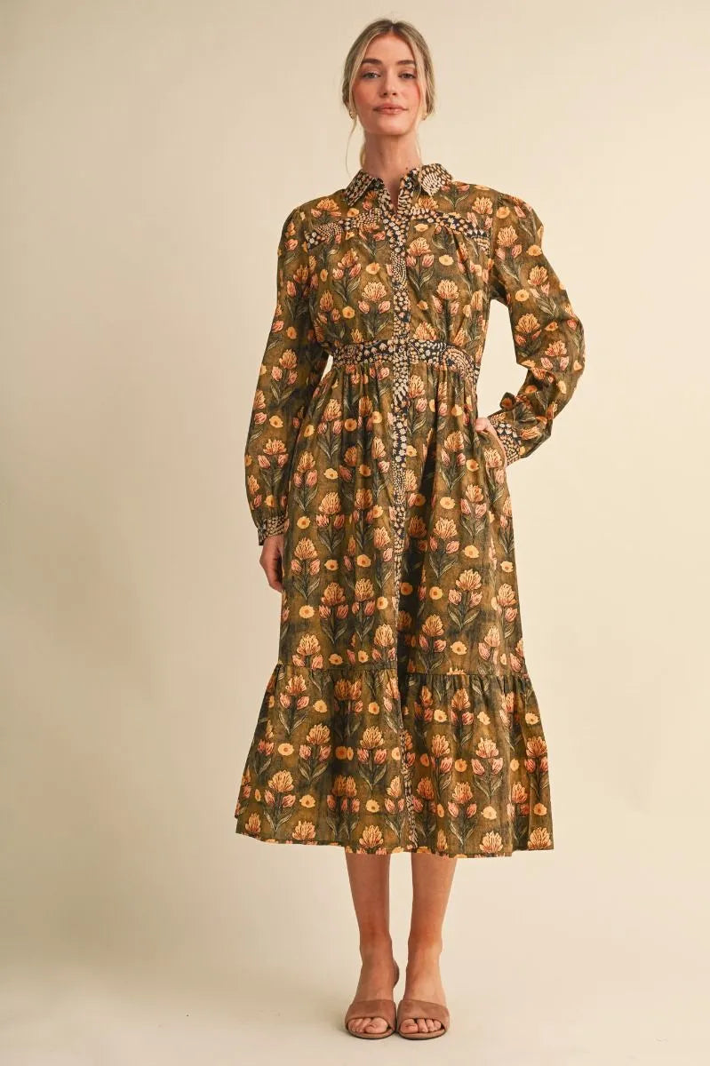 Olive Brown Floral Print Midi Dress