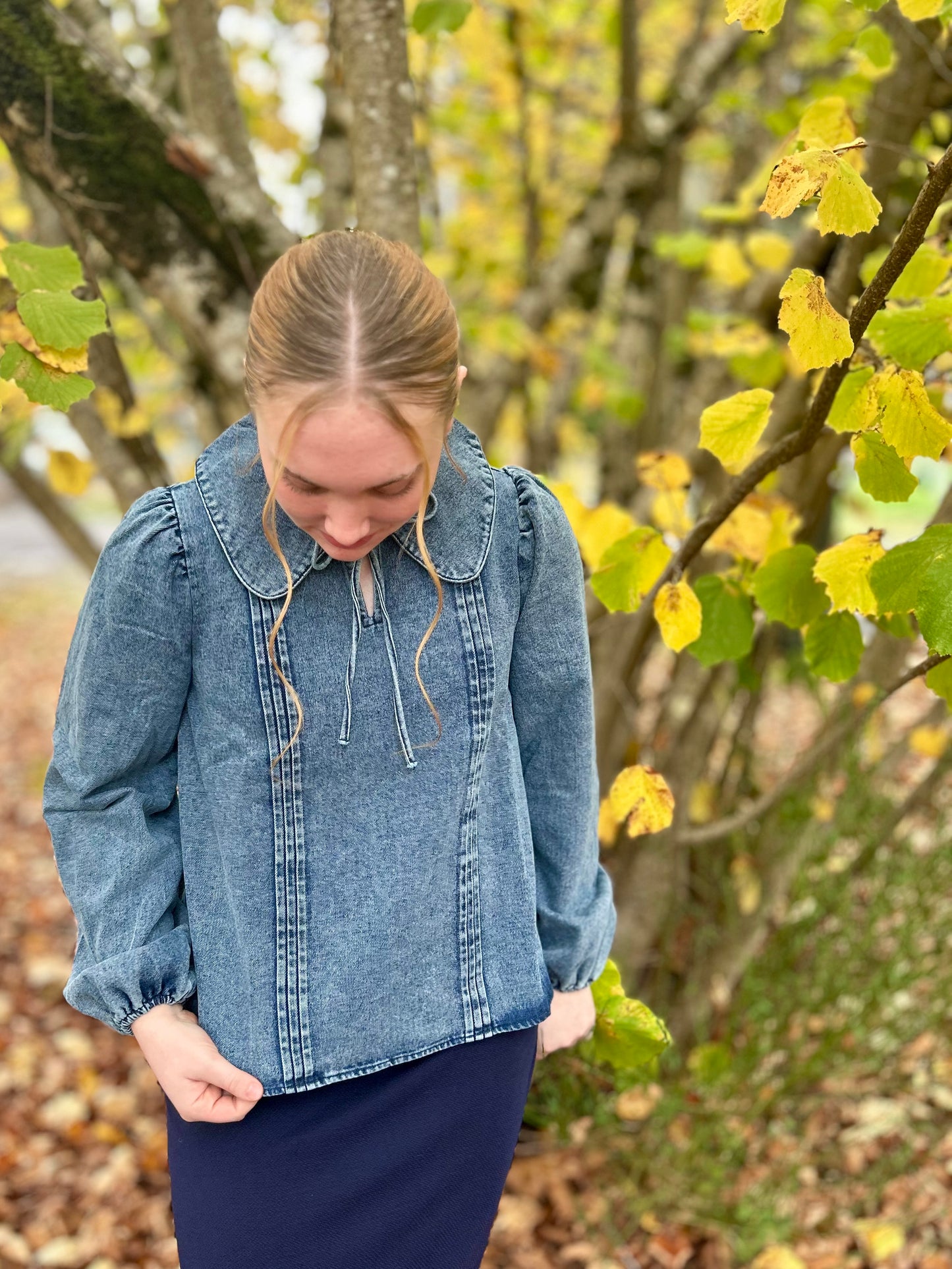 Mineral Washed Chambray Denim Blouse Top