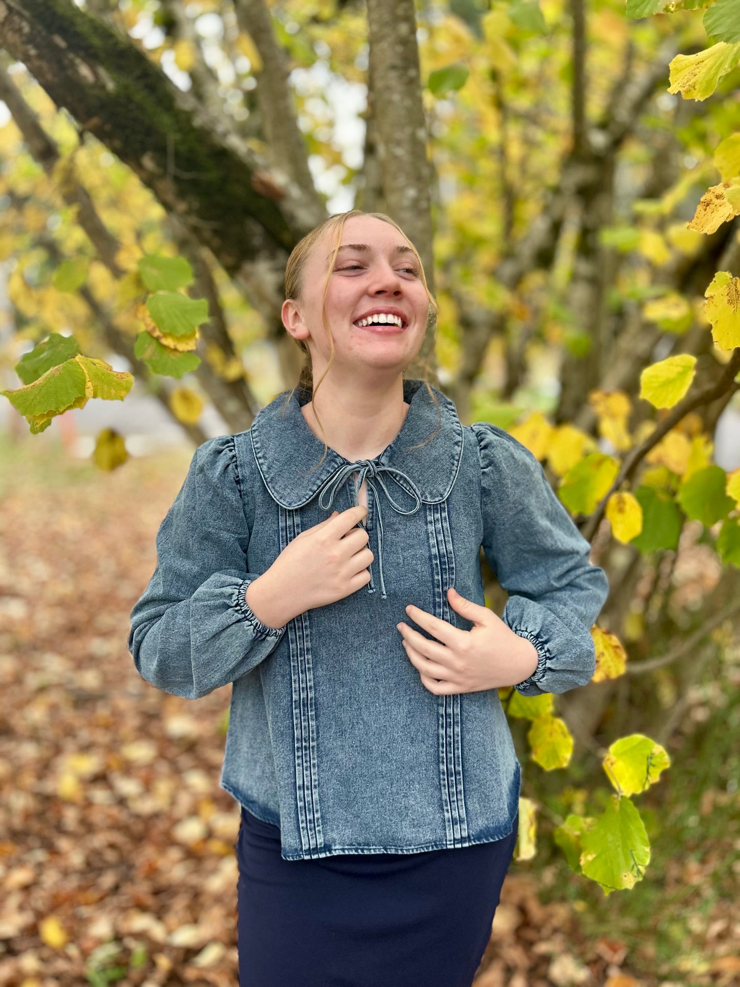 Mineral Washed Chambray Denim Blouse Top