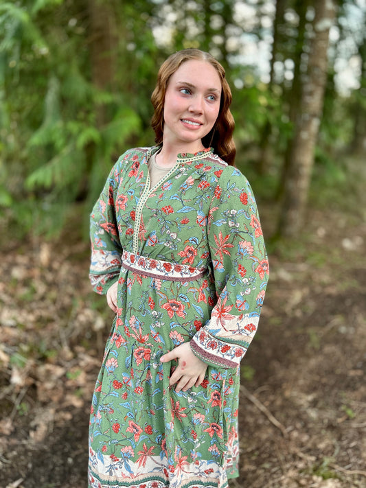 FLORAL BORDER PRINT BELTED MIDI DRESS