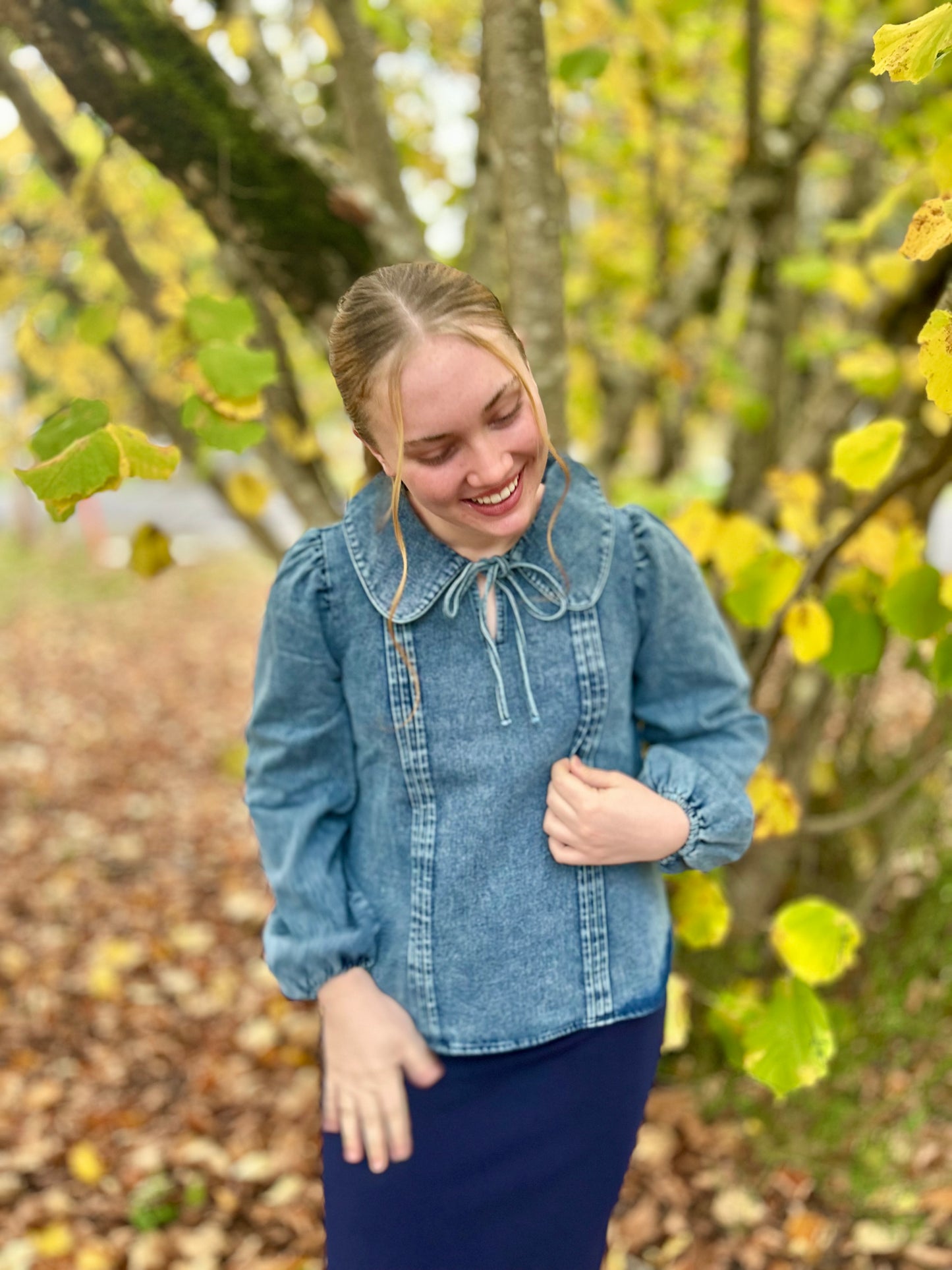 Mineral Washed Chambray Denim Blouse Top