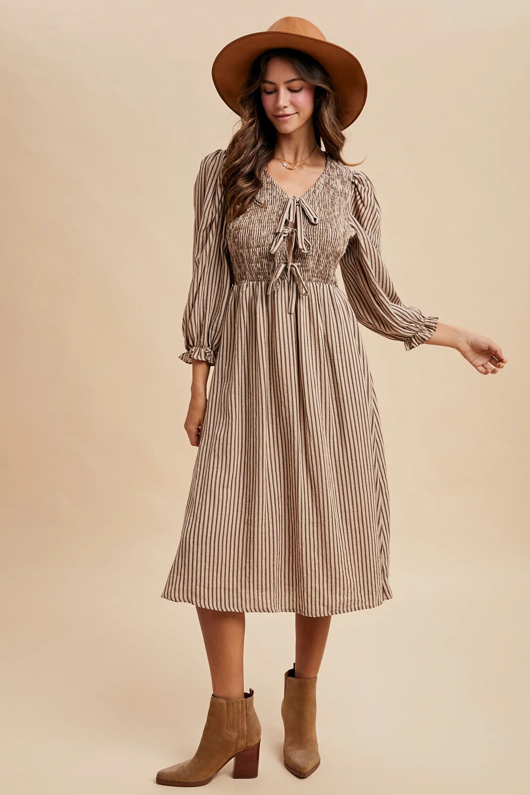 Sand/Mocha Striped V Neck Bow Midi Dress