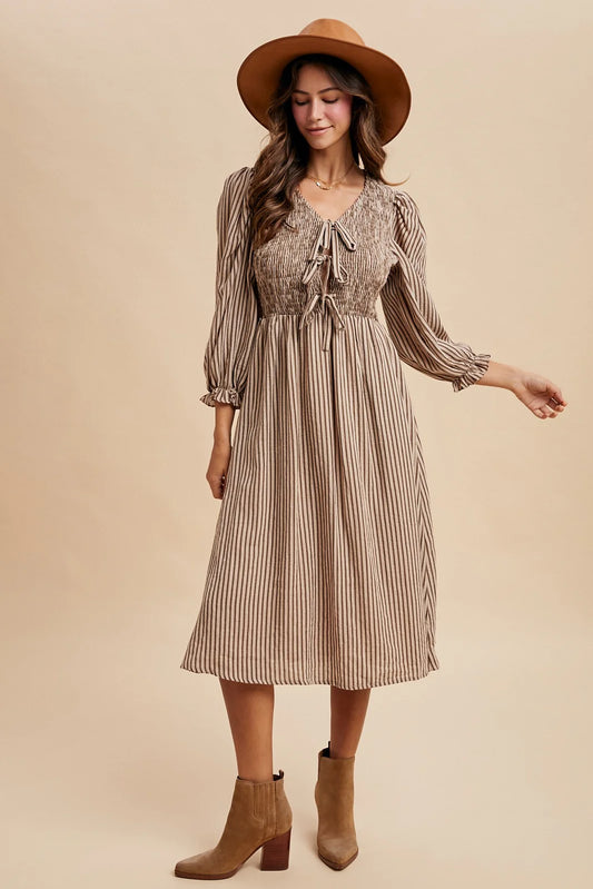 Sand/Mocha Striped Bow Midi Dress