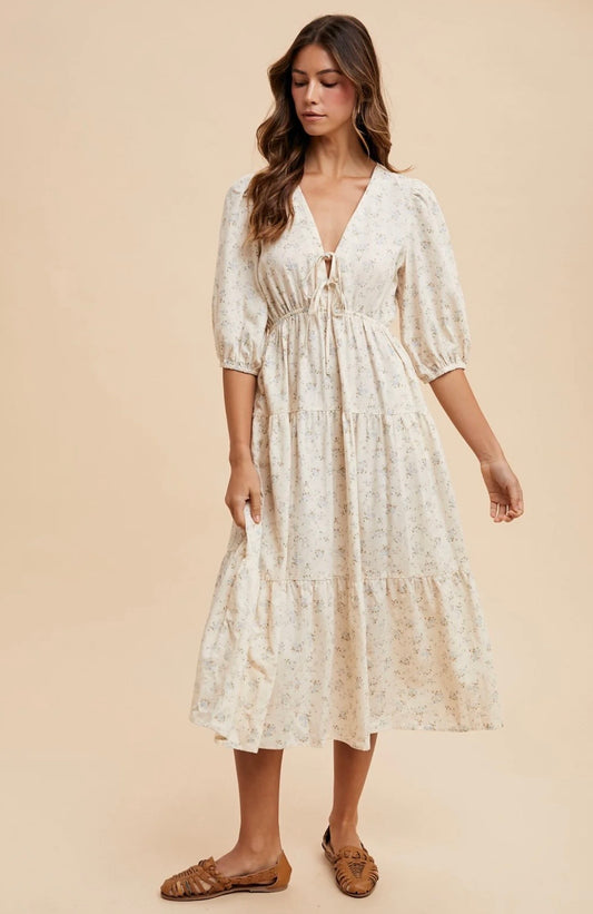 Cream Lace Up Front V Neck Floral Midi