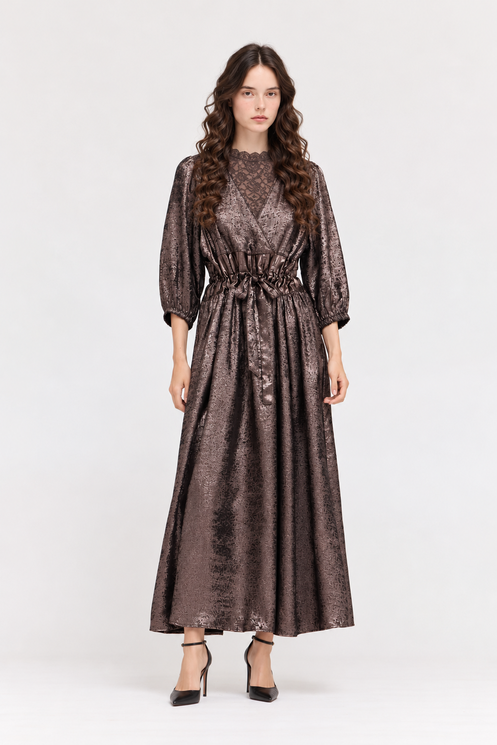 ESPRESSO BROWN TIE FRONT PLEAT WAIST SHINE DRESS