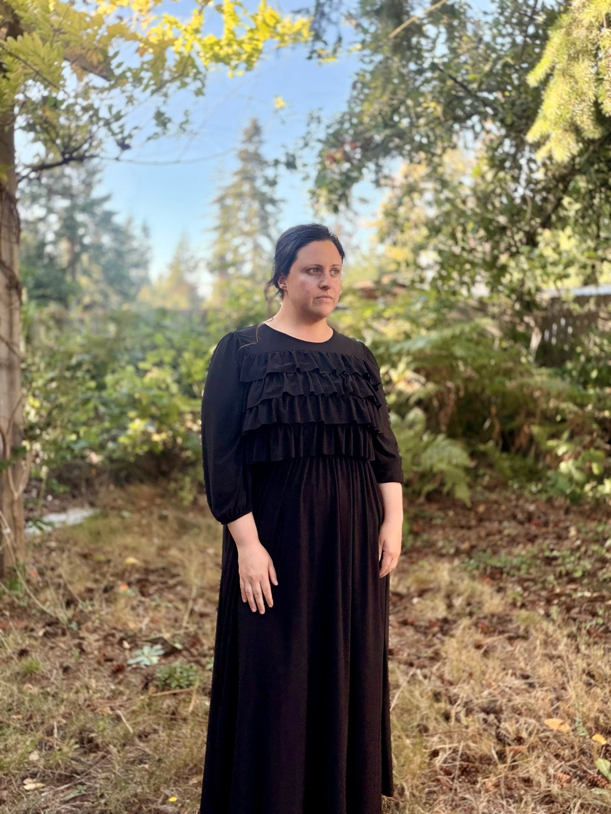 Black Modest 3/4 ballon sleeves 4 tier gathered ruffle dress
