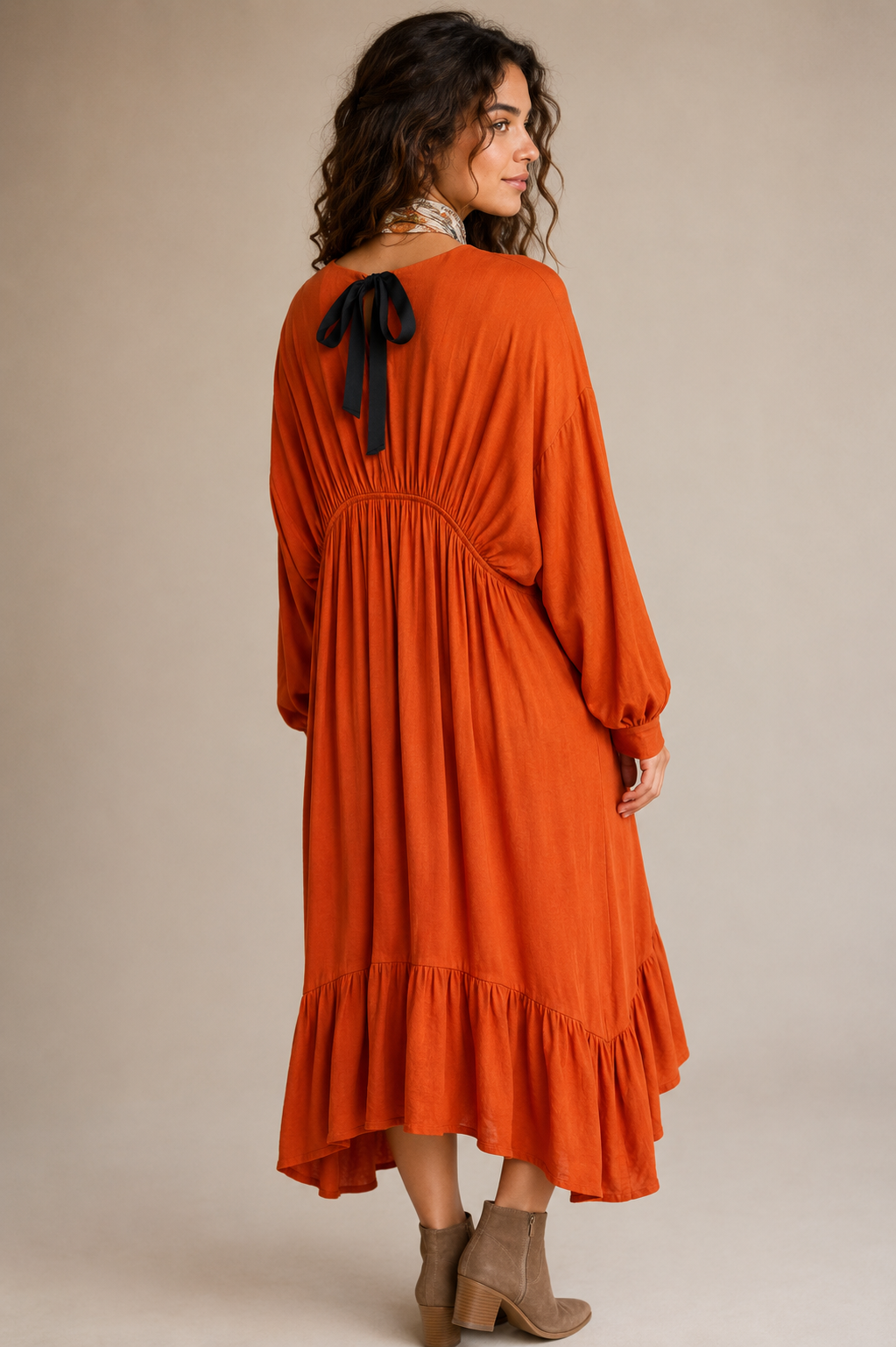 Loose Fit Midi Rust Dress with Ruffles and Bow