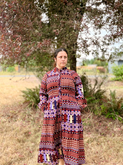 EXCLUSIVE BORDER PRT BTTN DWN PLEATED WST LAYERED MIDI DRESS