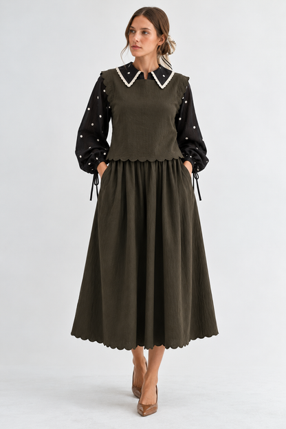 OLIVE GREEN SCALLOP EDGE MAXI TOP SKIRT SET