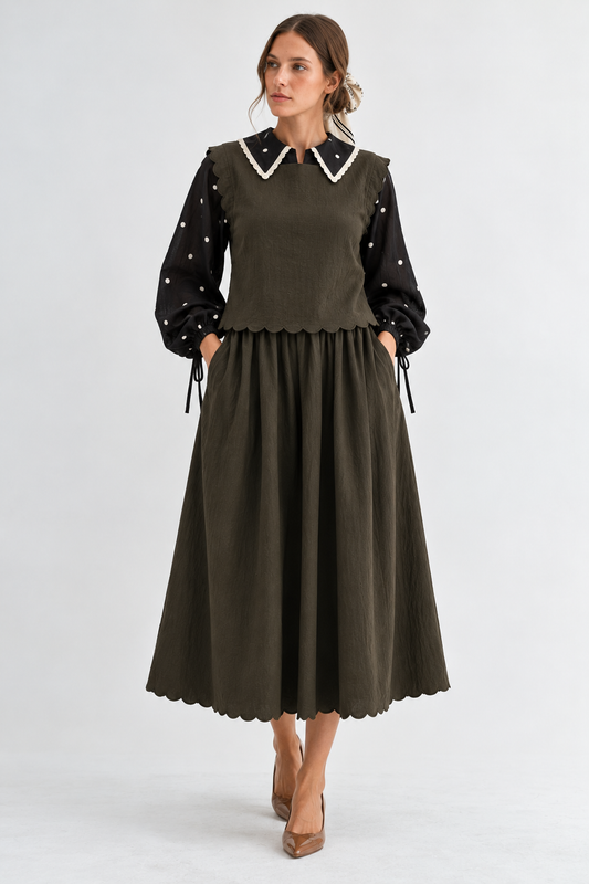 OLIVE GREEN SCALLOP EDGE MAXI TOP SKIRT SET