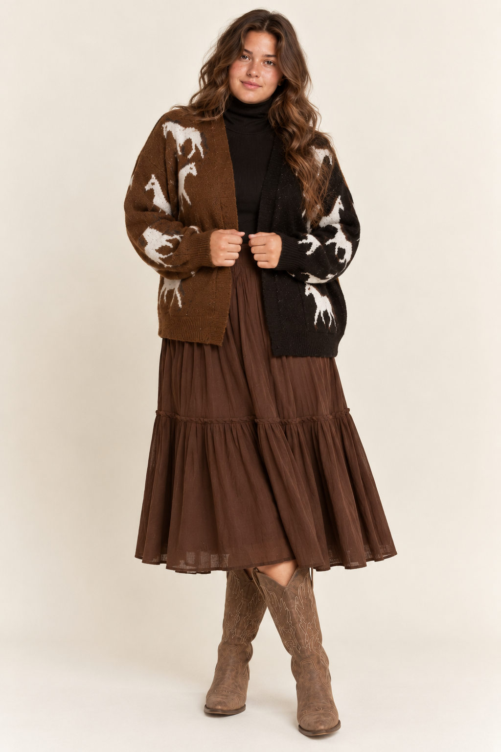 TWO TONE BROWN BLACK WHITE HORSE CARDIGAN