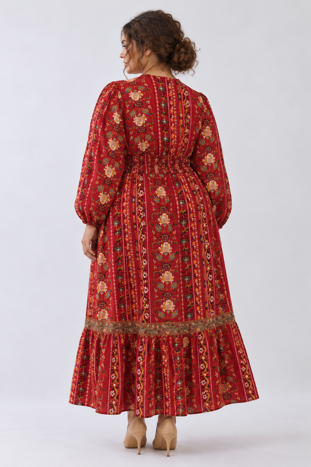 Red Multi Color V Neck Floral Border Print Tiered Midi Dress