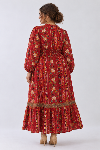 Red Multi Color V Neck Floral Border Print Tiered Midi Dress