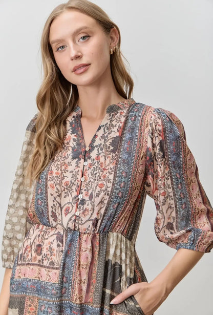 Bohemian Patchwork Print Midi Dress